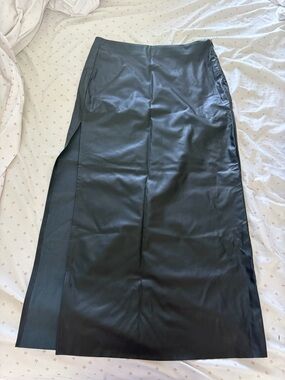 H&M Black Faux Leather Midi Skirt with Side Slit